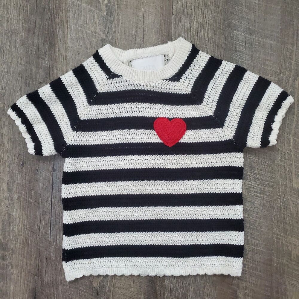 Zara Girls Crochet Knit Top Size 8/9 Black White Striped Red Heart Cotton